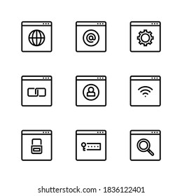 Browser icons set. Internet, website, setting, link, user account, wifi, lock,
password and search. Line vector. Isolate on white background.