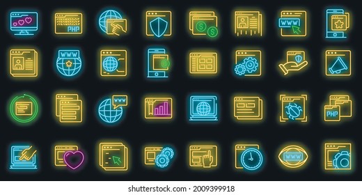 Browser icons set. Outline set of browser vector icons neon color on black