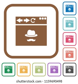 Browser incognito window simple icons in color rounded square frames on white background