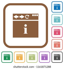Browser info simple icons in color rounded square frames on white background