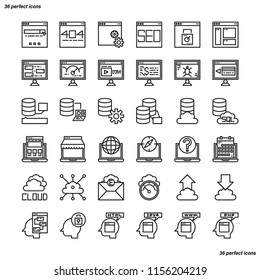 Browser and Interface Outline Icons perfect pixel. Use for website, template,package, platform. Concept business object design.