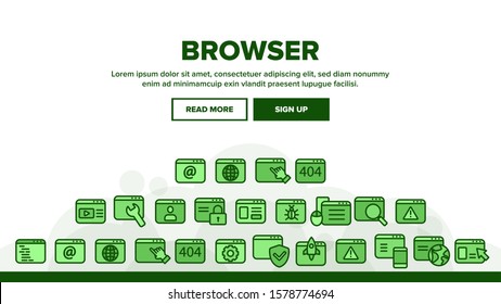 Browser Internet Web Site Landing Web Page Header Banner Template Vector. Browser Collection With Rocket And Shield, Magnifier And Padlock Mark Illustration