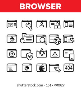 Browser Internet Web Site Pages Icons Set Vector Thin Line. Browser Collection With Rocket And Shield, Magnifier And Padlock Mark Concept Linear Pictograms. Monochrome Contour Illustrations