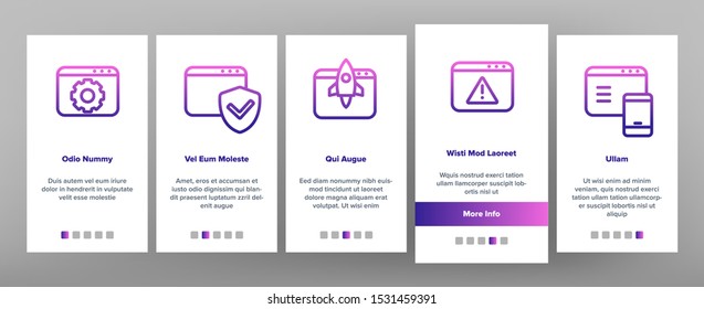 Browser Internet Web Site Pages Onboarding Mobile App Page Screen Vector Thin Line. Browser Collection With Rocket And Shield, Magnifier And Padlock Mark Concept Linear Pictograms. Illustrations