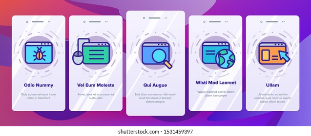 Browser Internet Web Site Pages Onboarding Mobile App Page Screen Vector Thin Line. Browser Collection With Rocket And Shield, Magnifier And Padlock Mark Concept Linear Pictograms. Illustrations