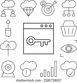 Browser, Schlüssel, SEO-Symbol in einer Sammlung mit anderen Elementen