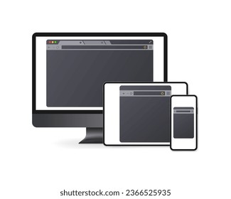 Browser layout on screens. Flat, gray, browser on the screen, phone screen, tablet, monitor, browser layout. Vector illustration