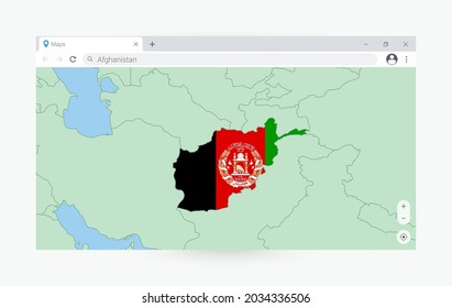 Browser with map of Afghanistan, searching  Afghanistan in internet. Modern browser window template.