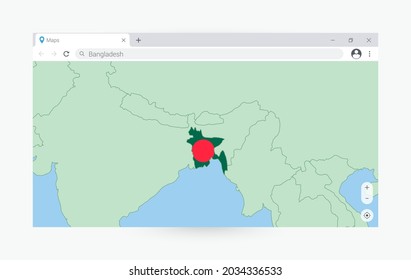 Browser with map of Bangladesh, searching  Bangladesh in internet. Modern browser window template.