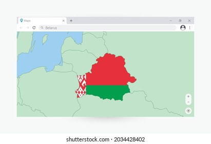 Browser with map of Belarus, searching  Belarus in internet. Modern browser window template.