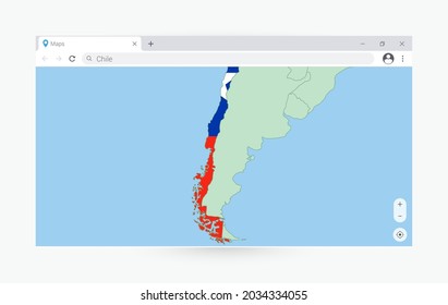 Browser with map of Chile, searching  Chile in internet. Modern browser window template.