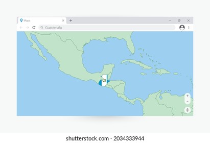 Browser with map of Guatemala, searching  Guatemala in internet. Modern browser window template.