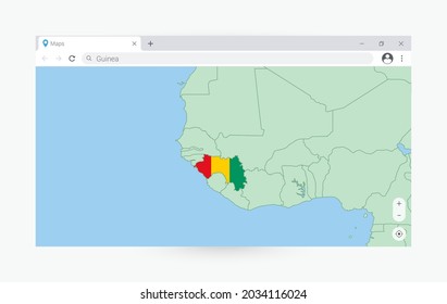 Browser with map of Guinea, searching  Guinea in internet. Modern browser window template.