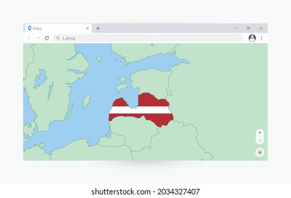 Browser with map of Latvia, searching  Latvia in internet. Modern browser window template.
