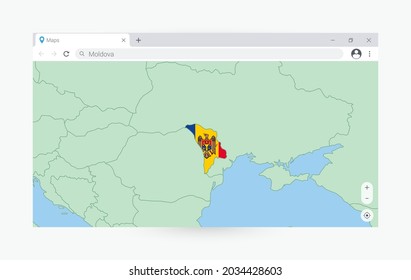 Browser with map of Moldova, searching  Moldova in internet. Modern browser window template.