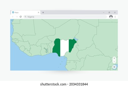 Browser with map of Nigeria, searching  Nigeria in internet. Modern browser window template.