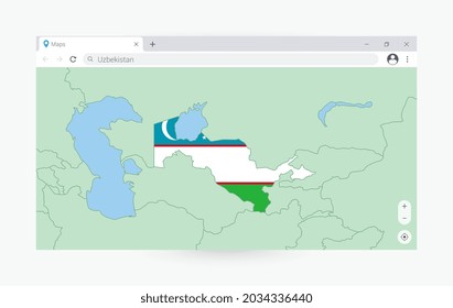 Browser with map of Uzbekistan, searching  Uzbekistan in internet. Modern browser window template.