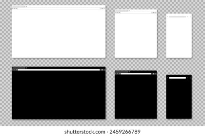 Browser mockup. Blank website window with tab, toolbar and search field for computer, tablet and phone. Internet browser template, light and dark mode page vector set. Homepage for devices