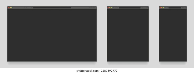 Browser mockup dark theme. Empty tab webpage with search engine, computer, laptop, tablet and mobile dark theme modes. Vector website templates. Blank black page frames for different devices