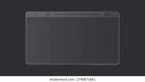 Browser mockup in liquid glass theme onm transparent bg. Empty layout of browser window concept with address line and icon navigation button. Mock up for show your website in internet.