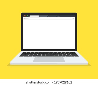 Browser mockup on laptop screen. Computer on yellow background. Vector illustration.