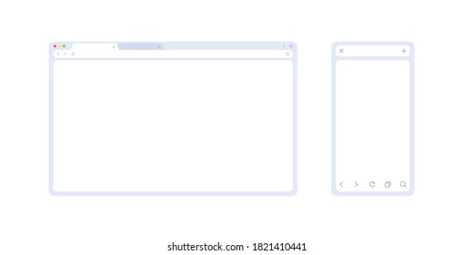Browser mockup set in light theme for web and mobile. Browser window interface in 2 sizes for showing your site or ux app. Minimalistic frame template isolated on white background.