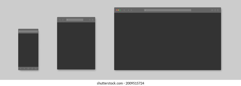 browser mockup. website template vector frame. web site computer screen mock up. pc, laptop, mobile, tablet browser view isolated dark night black theme mode