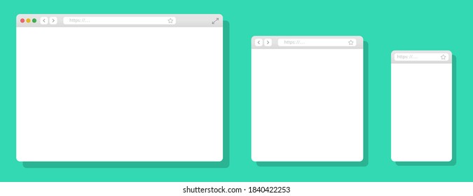 Browser mockups different devices web window mobile, laptop and tablet screen in internet. Realistic browser window. Web browser template. Flat style vector illustration.