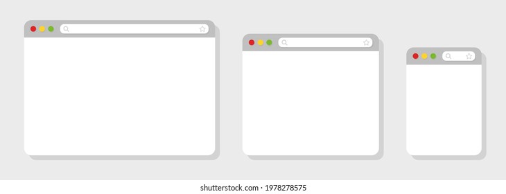 Browser mockups different devices web window mobile, laptop and tablet screen in internet. Browser window in flat style. Web browser template. Vector illustration.