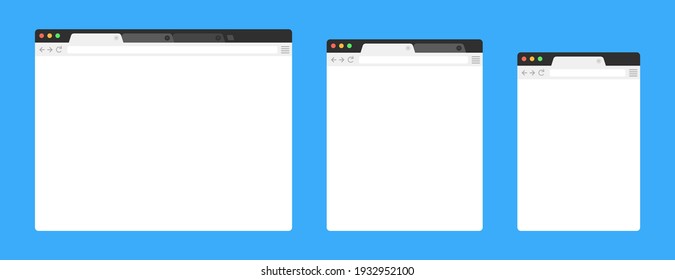 Browser mockups on blue background. Design a simple blank web page. Template browser window on compute, tablet and smartphone. Vector set.