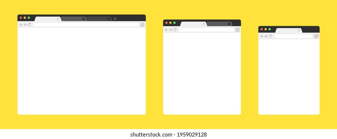 Browser mockups on yellow background. Design a simple blank web page. Template browser window on compute, tablet and smartphone. Vector set.