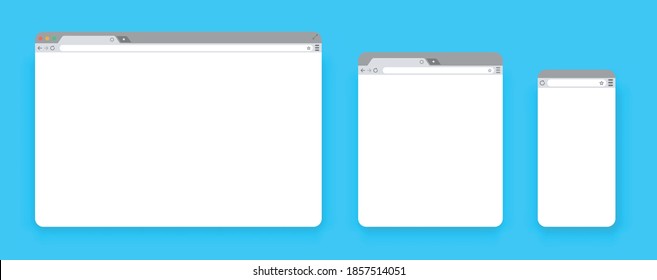 Browser mockups. Set of Flat blank browser windows for different devices. Template Browser window on PC, tablet and mobile phone. Empty browser window on transparent background. . Empty web page 