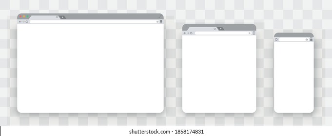 Browser mockups. Set of Flat blank browser windows for different devices. Template Browser window on your PC, tablet and mobile phone. Empty browser window on transparent background. . Empty web page 