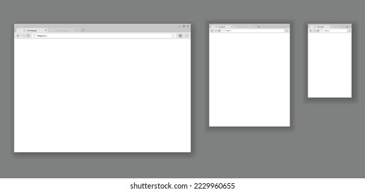 Se configuran maquetas de navegador. Ventana Web. Concepto de páginas vacías de Internet con sombra. Diseño moderno de ventanas aisladas en fondo gris