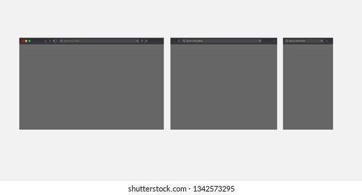 Browser mockups. Website different devices web window mobile screen internet flat template empty page network row vector set