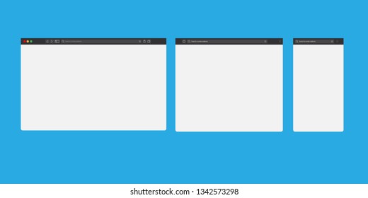 Browser mockups. Website different devices web window mobile screen internet flat template empty page network row vector set