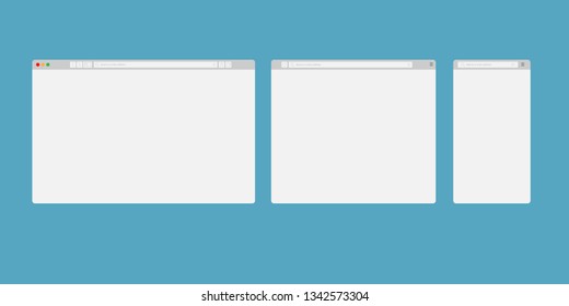 Browser mockups. Website different devices web window mobile screen internet flat template empty page network row vector set