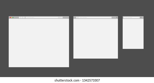 Browser mockups. Website different devices web window mobile screen internet flat template empty page network row vector set