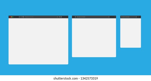 Browser mockups. Website different devices web window mobile screen internet flat template empty page network row vector set