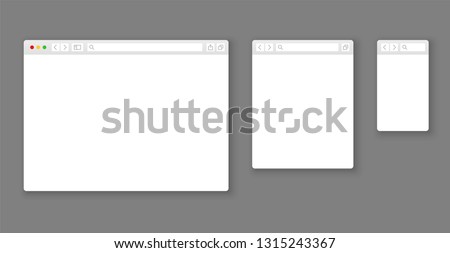 Browser mockups. Website different devices web window mobile screen internet flat template empty page network row vector set