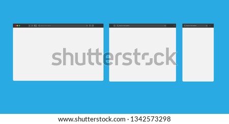 Browser mockups. Website different devices web window mobile screen internet flat template empty page network row vector set