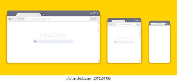 Browser mockups. Website interface for different devices, empty laptop tablet and mobile internet page. Vector browser window modern design