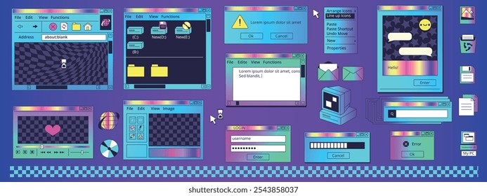 Telas de néon do navegador. Interface preta da janela retro, vintage computador internet quadro diálogo arquivo pasta nostalgia desktop 80s sintetizador ondas espaço virtual, ilustração vetor elegante arte original