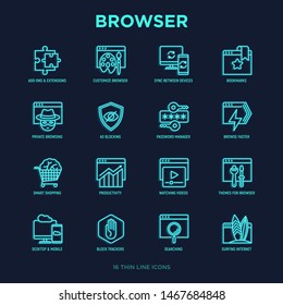 Browser neon thin line icons set: add-ons, extension, customize browser, sync between devices, bookmark, private, ad blocking, password manager, smart shopping, surfing internet. Vector illustration.