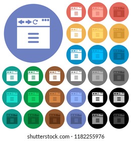 Browser options multi colored flat icons on round backgrounds. Included white, light and dark icon variations for hover and active status effects, and bonus shades.