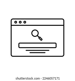 Browser page icon for searching internet pages with magnifying glass and search bar in black outline style