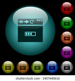 Browser page loading icons in color illuminated spherical glass buttons on black background. Can be used to black or dark templates