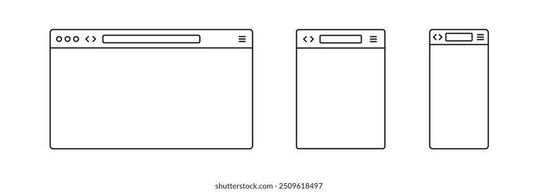 Browser page. Browser window template. New website page mock up vector set. Mobile browsing frame. Line design