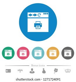 Browser print flat white icons on round color backgrounds. 6 bonus icons included.