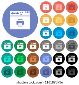 Browser print multi colored flat icons on round backgrounds. Included white, light and dark icon variations for hover and active status effects, and bonus shades on black backgounds.